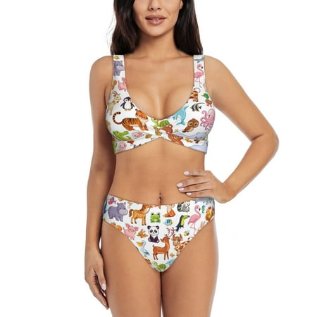 Kdxio Animal Cartoon Style Print Women s 2 Piece High Waisted Wrap Spaghetti Strap Summer Swimsuit Bikini Set-XX-Large