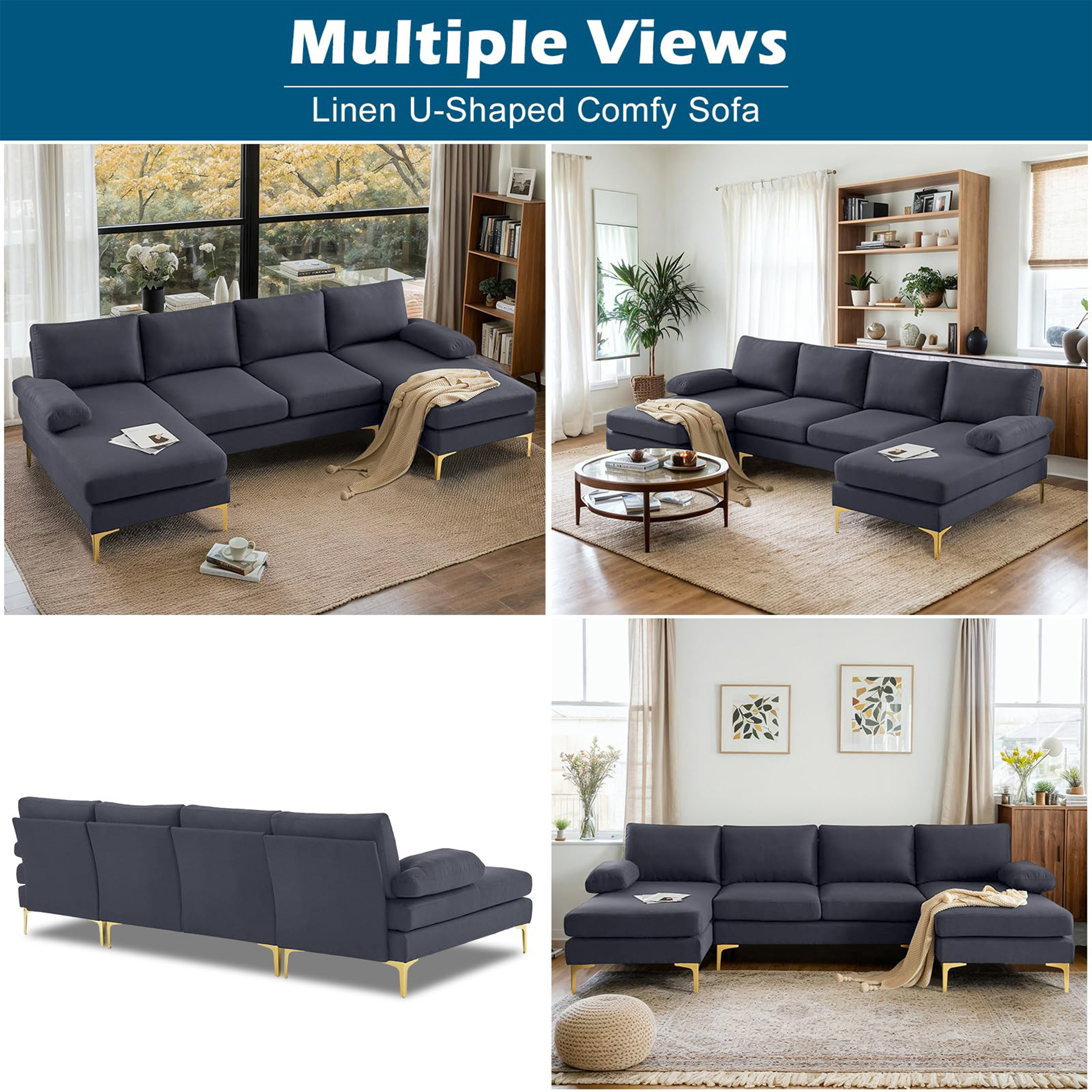 Aukfa U-Shape Sectional Sofa for Living Room, Deep Seat Sleeper Couch, Pillow Top Arm, Flannel, Gray