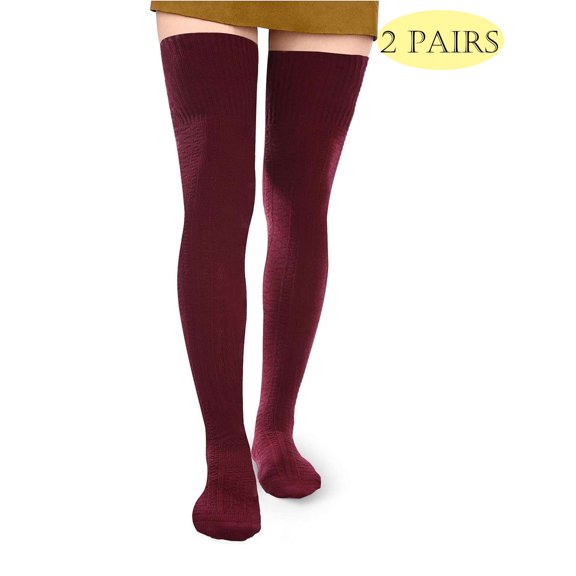 LAVA 2 Pairs Women Thigh High Socks Extra Long Warm Over the Knee High Stockings Leg Warmers Red