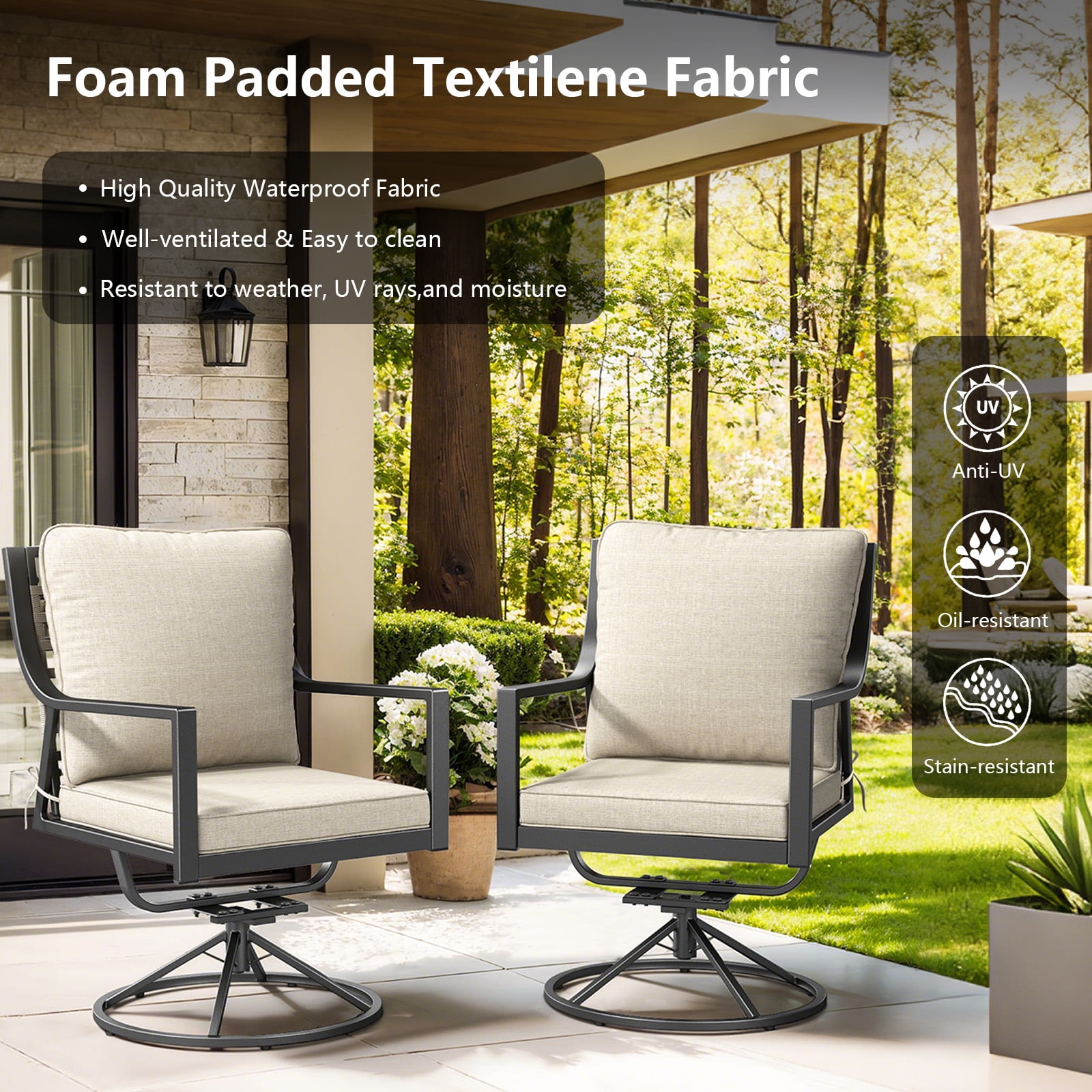 Gymojoy Patio Swivel Chairs Set of 2, Outdoor Dining Chairs High Back All Weather Outdoor Swivel Chairs with Metal Rocking Frame with Cushions for Lawn Garden Backyard Deck