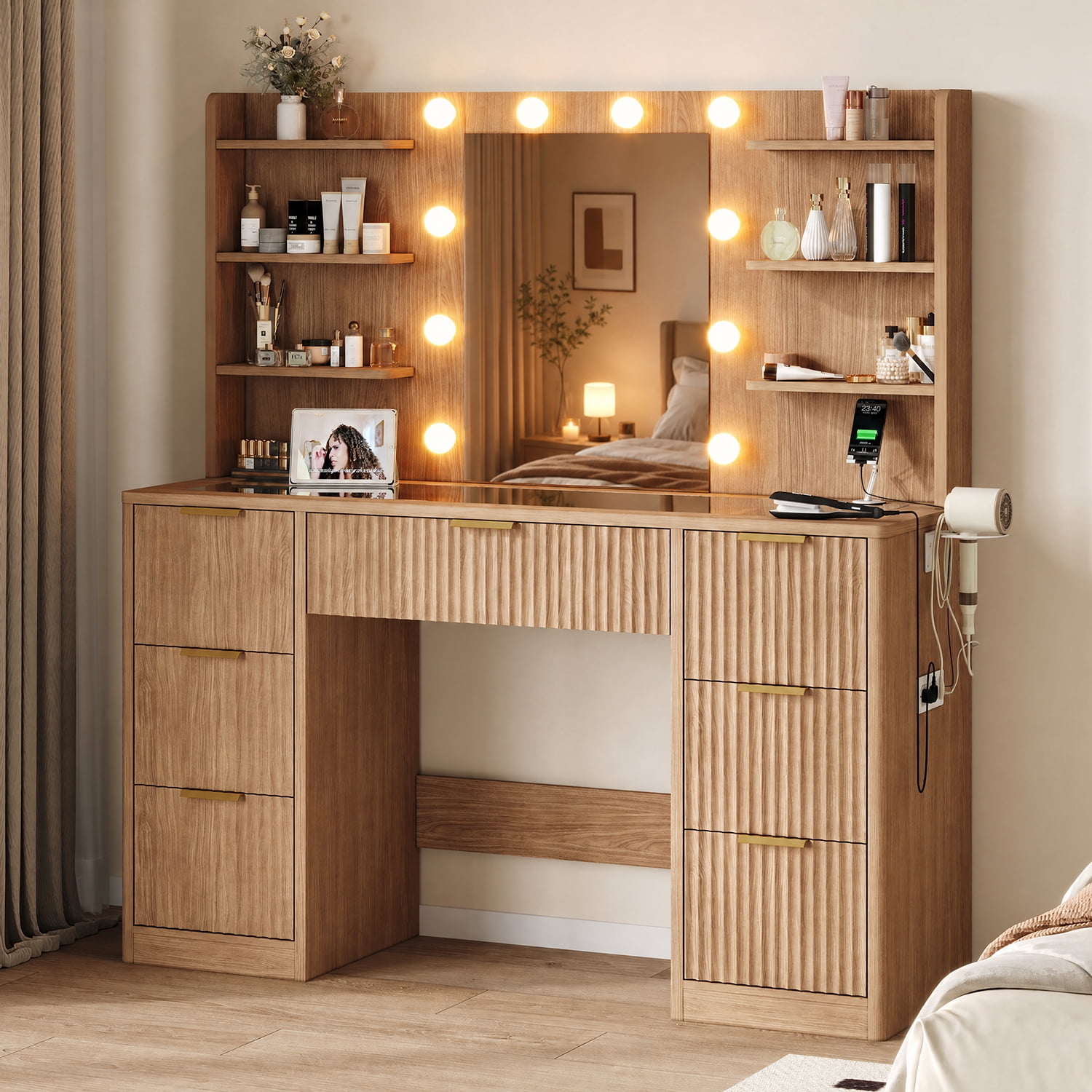 Muwuele, Vanity Desk, Walnut Wood Makeup Table with Flip Top