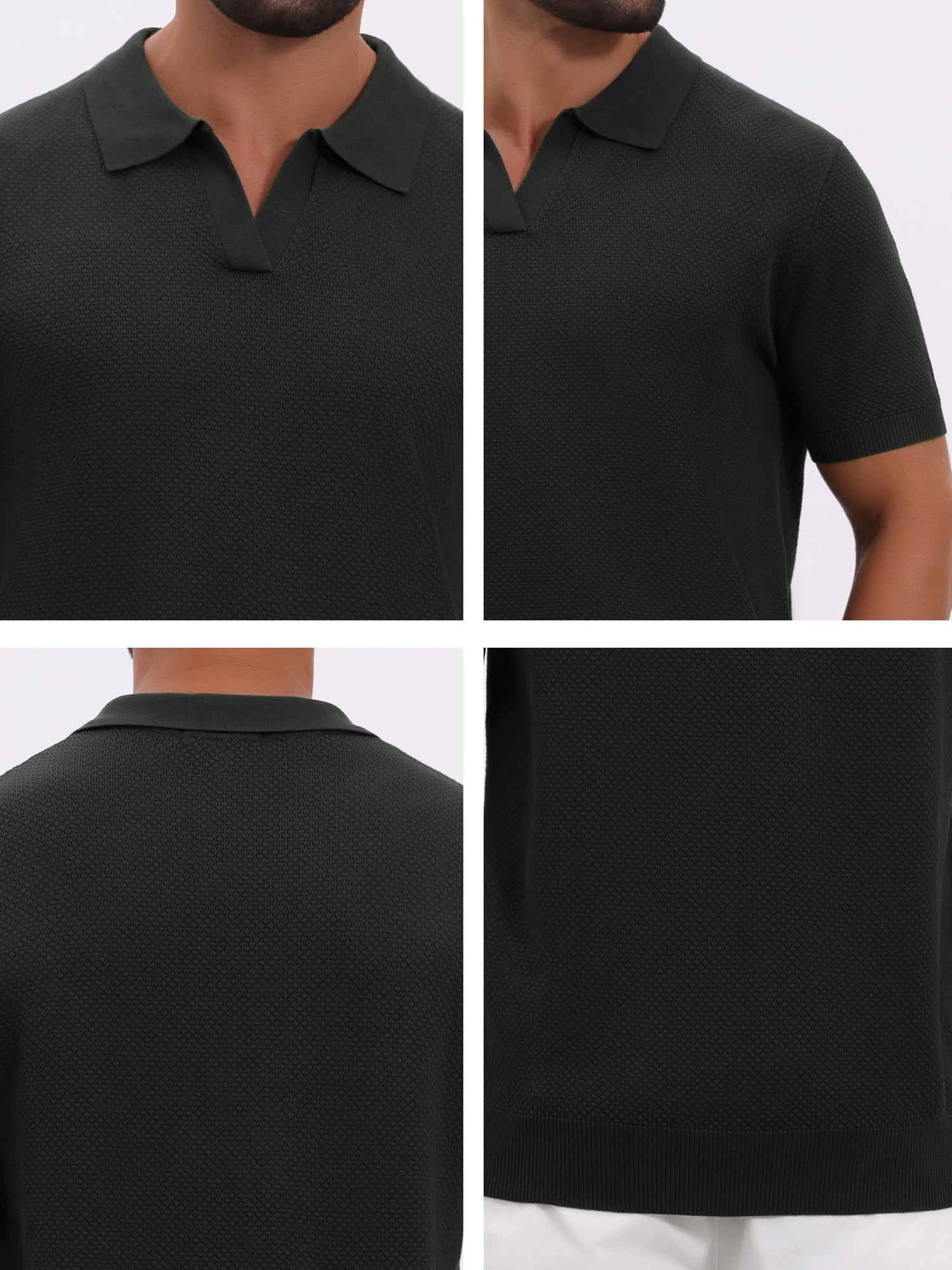 DARING DIVA Men's Textured Knit V Neck Short Sleeve Casual Golf Polo Shirt M Black