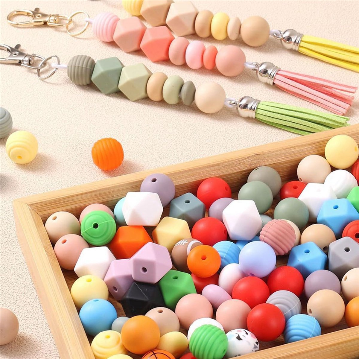 275 PCS 15MM Silicone Beads for Keychain Making Kit, Multiple Styles and Shapes Silicone Beads Bulk Rubber Beads