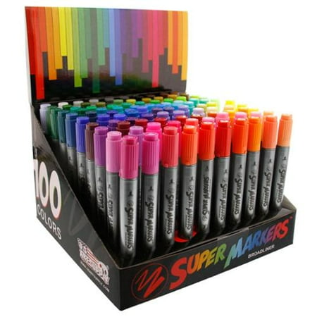 Broad Point Open Stock Super Markers Twin-Tip Broad-Liner Marker Set-100 Unique Colors-No Duplicates-Bold Bullet Point & Bold Chisel Tip Marker ()