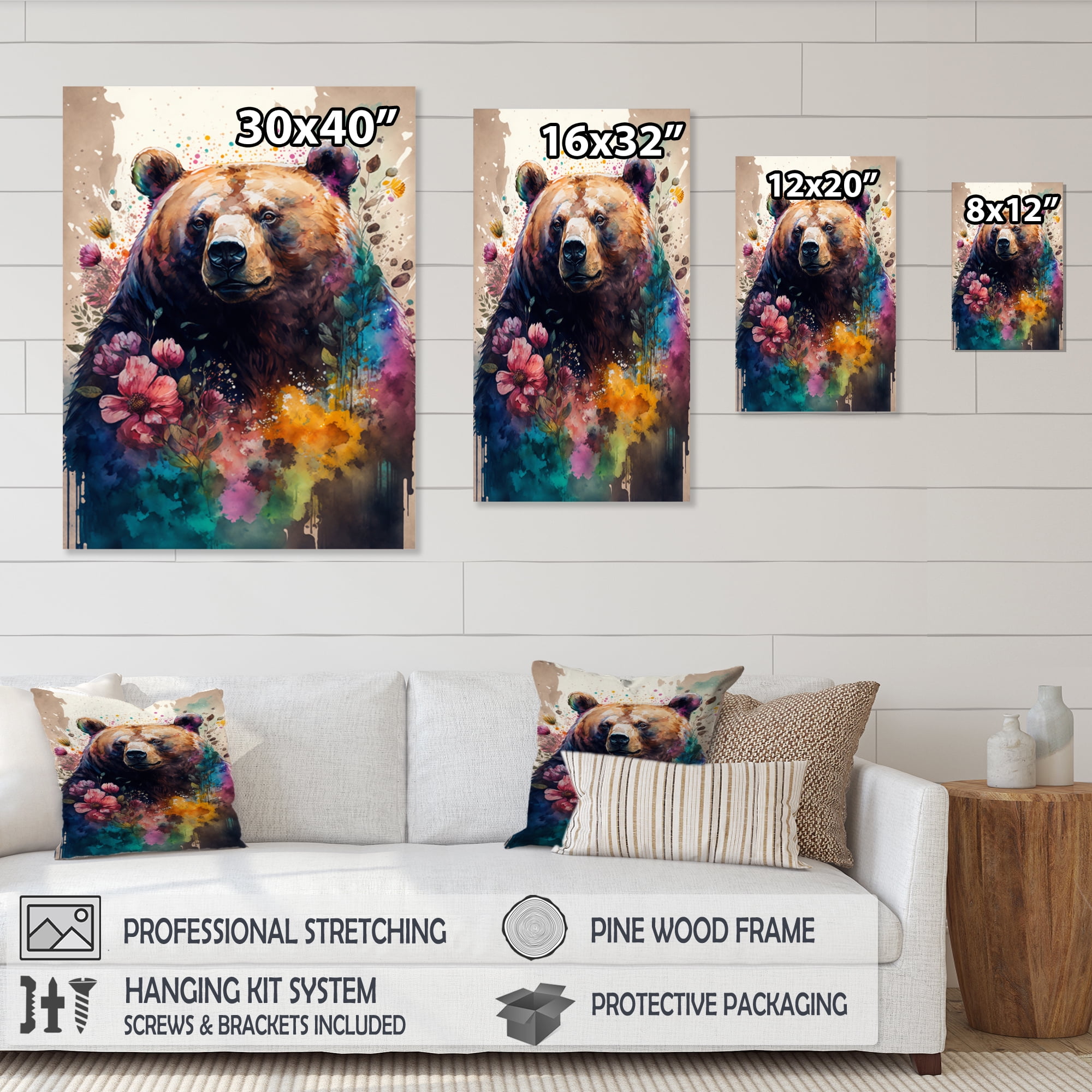 Designart Cute Bear Floral Art II Canvas Wall Art