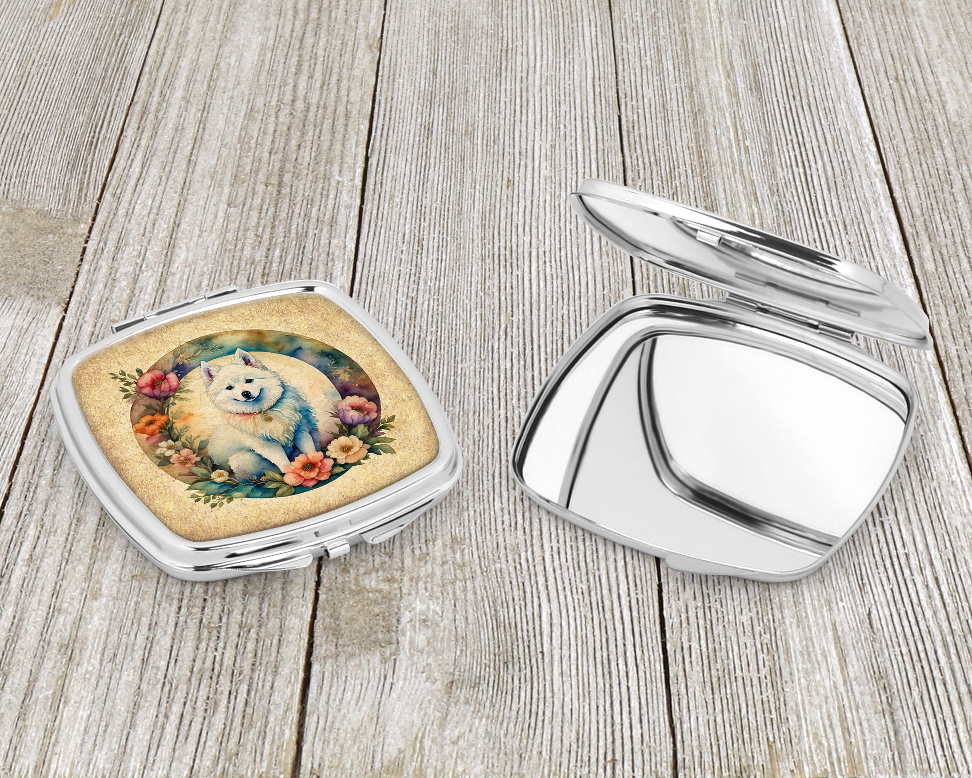 American Eskimo and Flowers Compact Mirror 2.75 in x 3 in