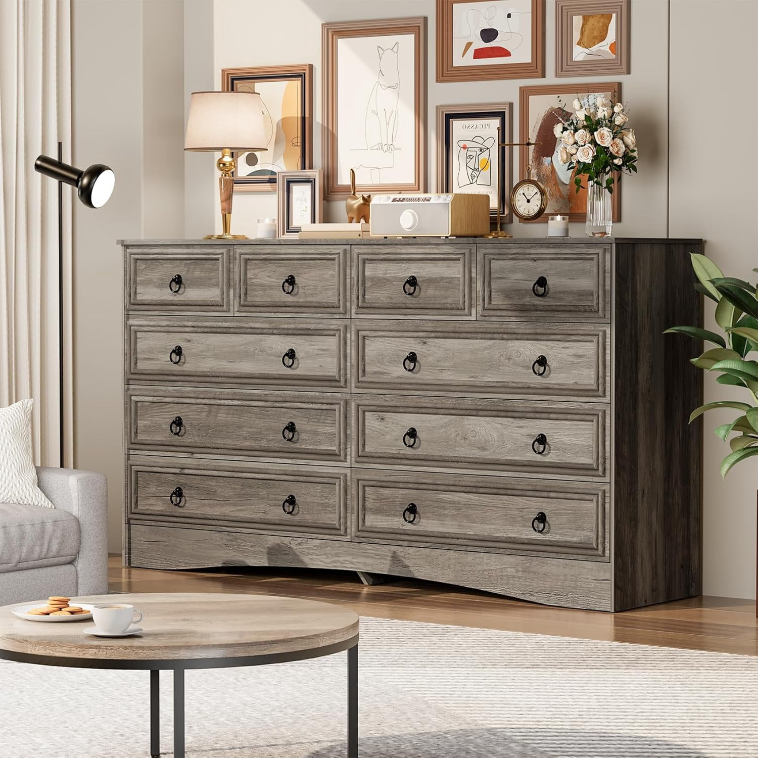 Meteorleg 10 Drawers Dresser for Bedroom, 55.2 Inch Wide Large Dressers & Chests of Drawers, TV Stand for 65 inch, Storage Organizer Furniture, Hallway, Entryway, Closet,Gray