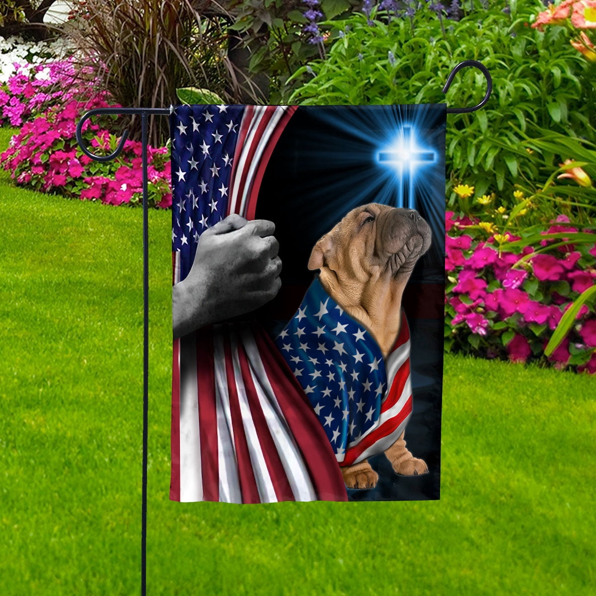 Hand Pulling USA Flag Shar Pei Dog Wearing Flag American Standing under Cross Christian Patriotic House Flag (3x5) Double Sided- Premium Polyester-Decorative Indoor Outdoor Flag
