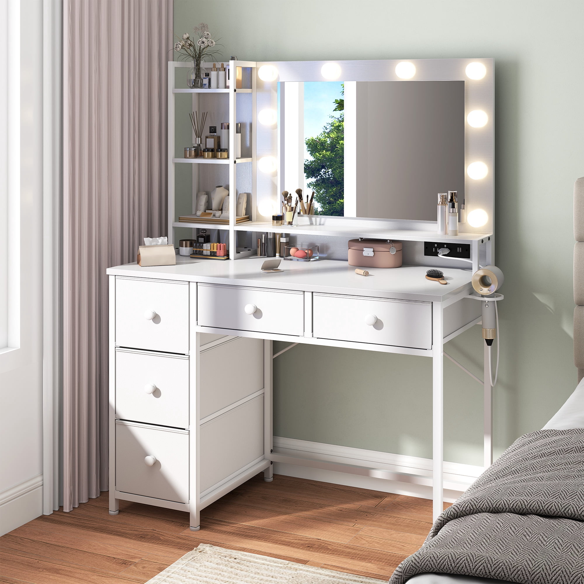 Romorgniz Vanity with Mirror and Lights Vanity Desk with 5 Drawers and Storage Shelves Makeup Dressing Table with Power Outlet & USB,White