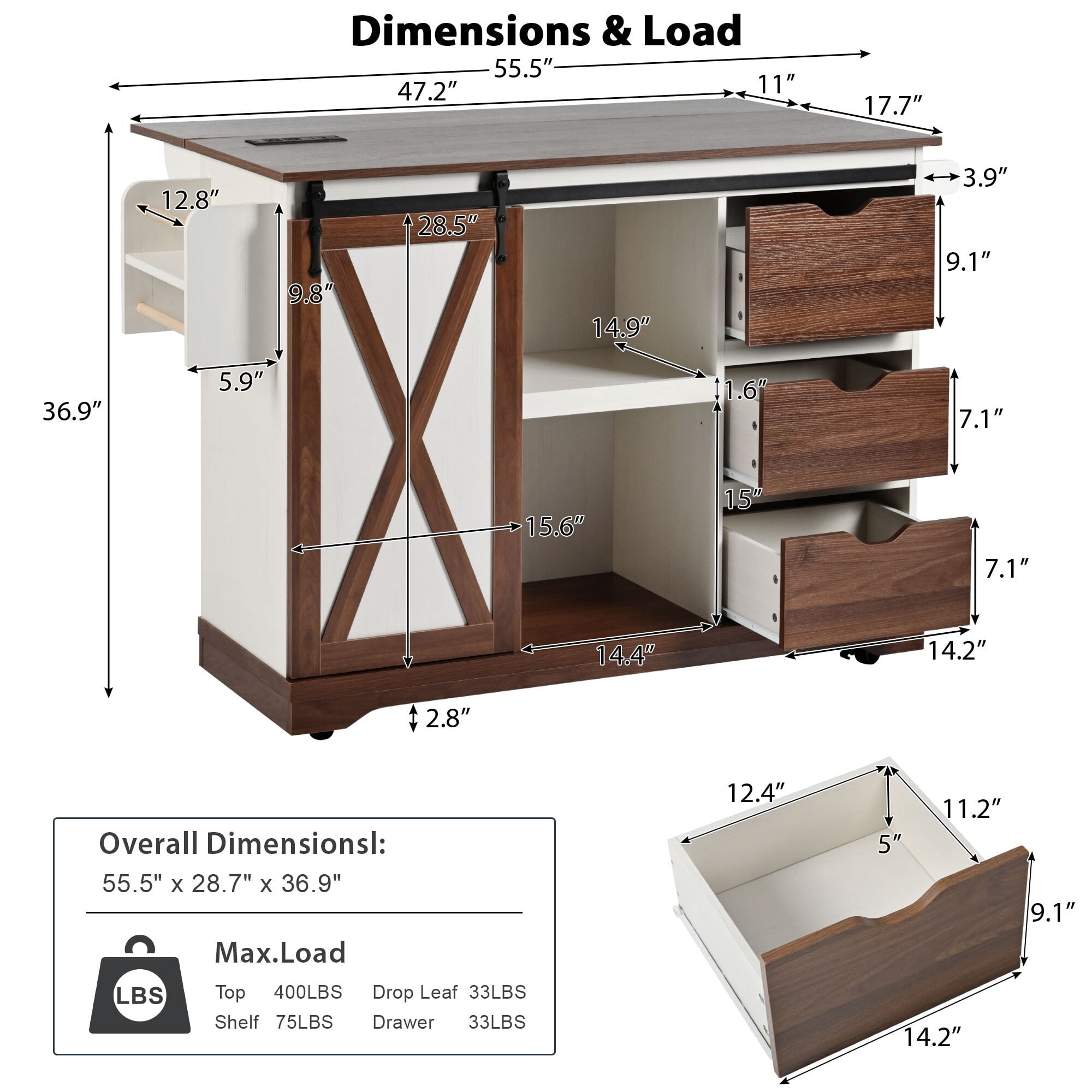 AENKYO 47.2'' Farmhouse Kitchen Island with Charging Station, Drop Leaf, Rolling Cart with Drawers, Rustic Brown and White