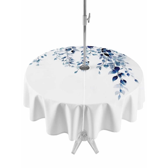 Outdoor Table Cloth with Umbrella Hole and Zipper, Blue Eucalyptus Waterproof Round Tablecloth 54 Inch, Weeping Botanical Leaf Watercolor Washable Table Cover for Outside Party Patio Picnic