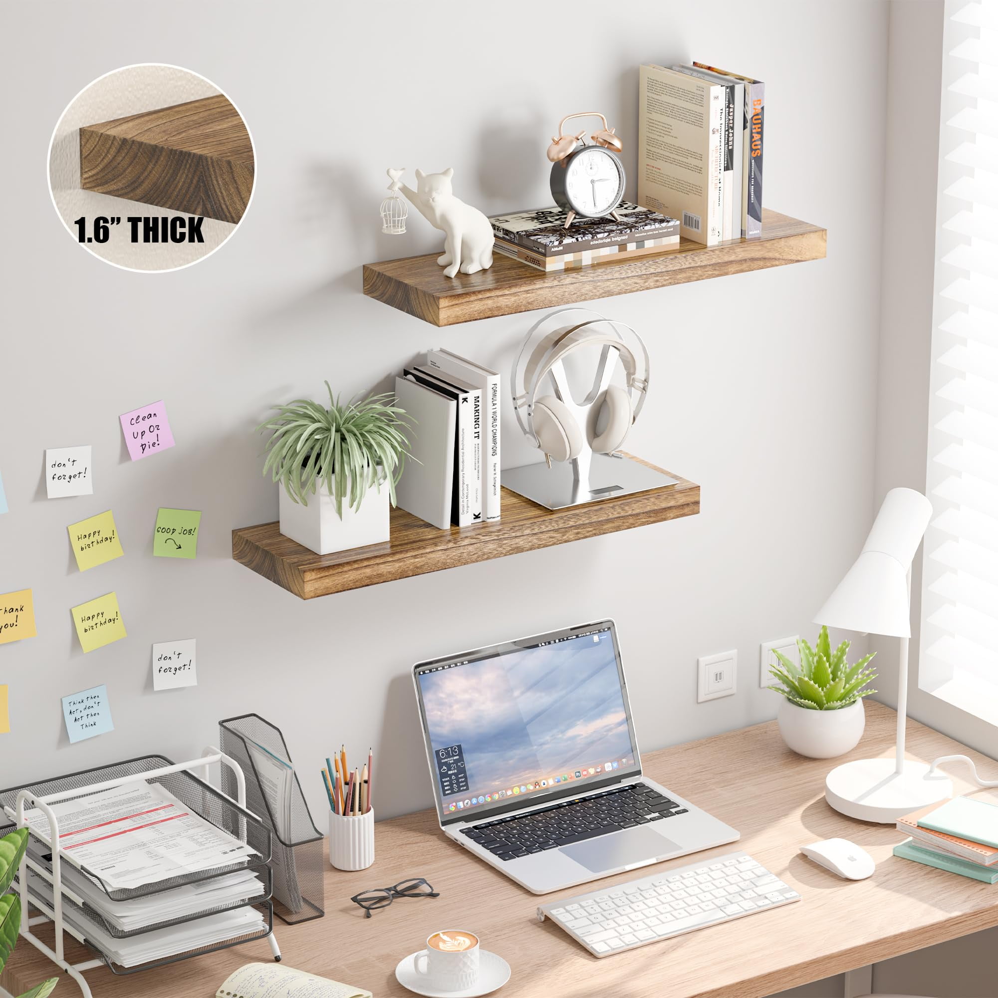 Floating Shelves for Wall Set of 2-Rustic Brown Solid Wood Wall Mounted Shelves,24" Long x 7" Deep x 1.6" Thick,Heavy Duty Shelving for Bedroom, Living Room, Kitchen, Bathroom (16inch)