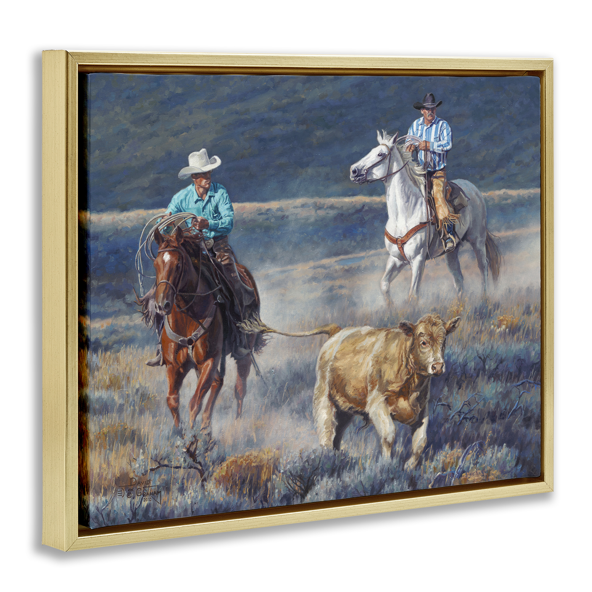 Stupell Industries The Chase Cowboys Landscape Painting Gold Floater Framed Canvas Art Print Wall Art, 21 x 17