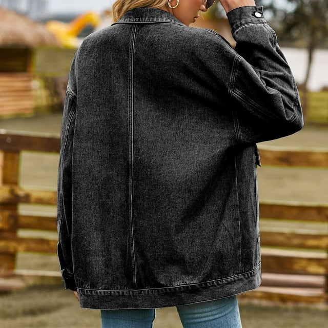 Women Jean Jacket Button Up Denim Jacket Long Sleeve with Pockets Loose Coat Causal Fashionable for Daily Work