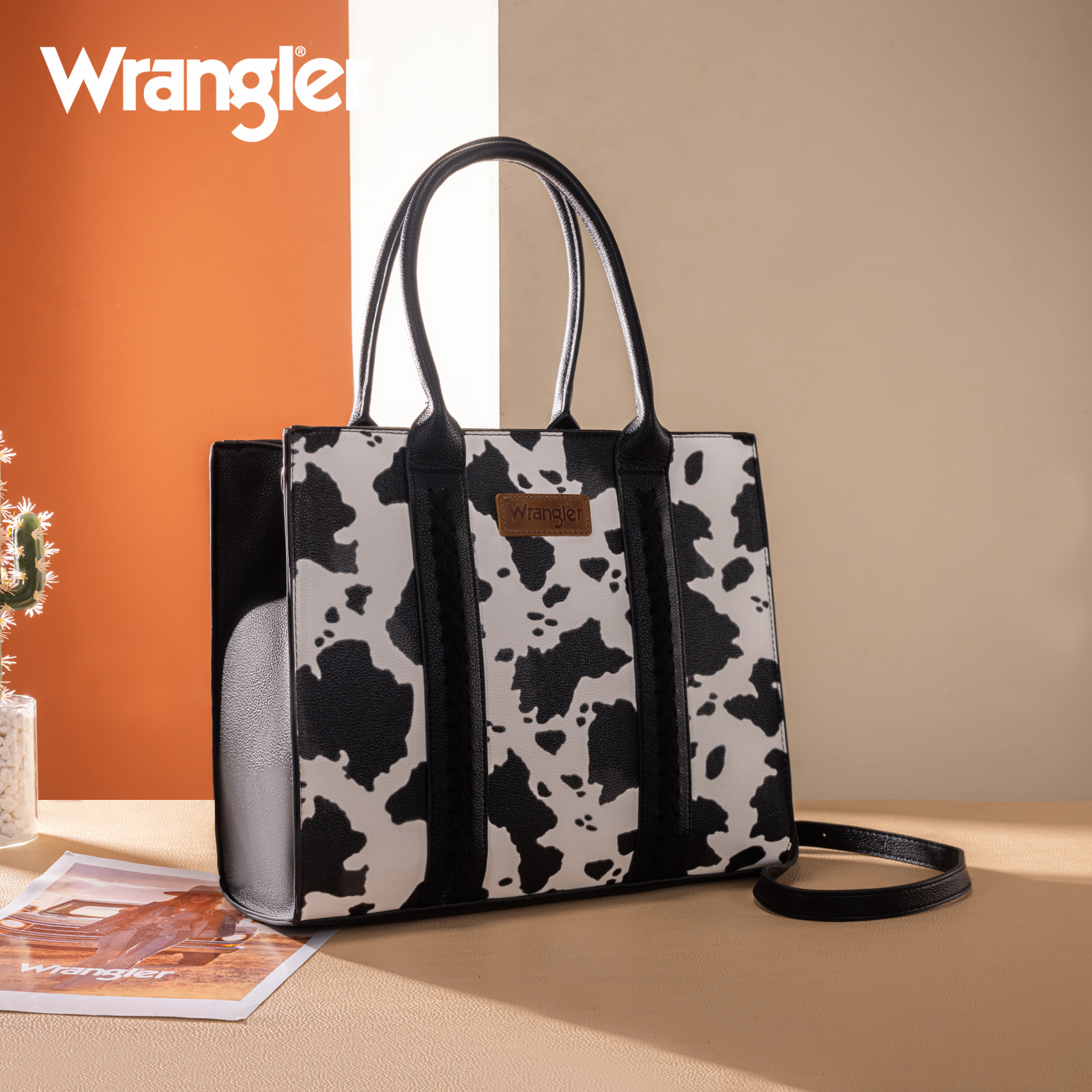 Wrangler Purses for Women Large Work Tote Bags with Strap Vintage Top-Handle Handbags, Cow-Black