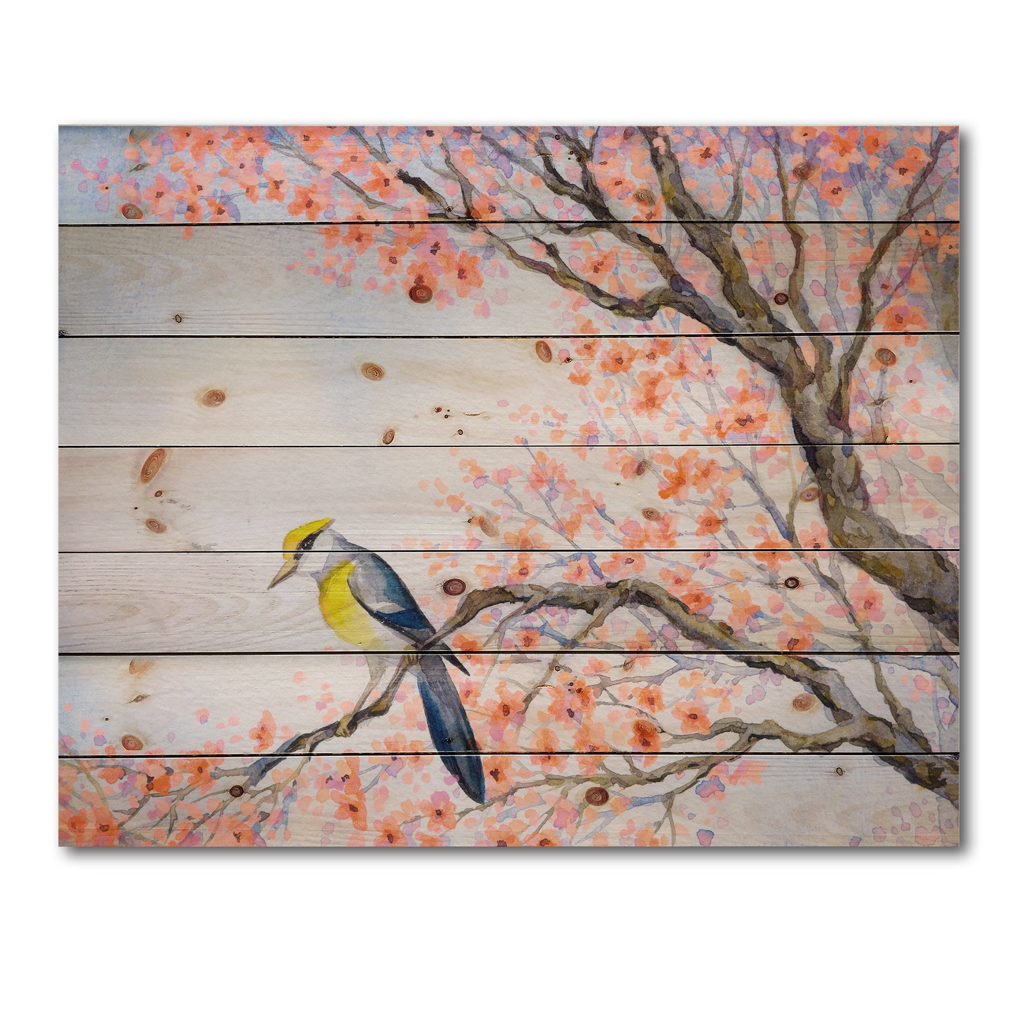 Designart 'Beautiful Blue Bird Sitting On Flowering Branch I' Traditional Print on Natural Pine Wood