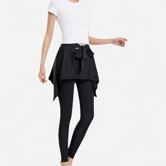 Women's Full-Length Leggings with Attached Tie-Front Skirt Overlay for Active and Casual Looks - Small, Black