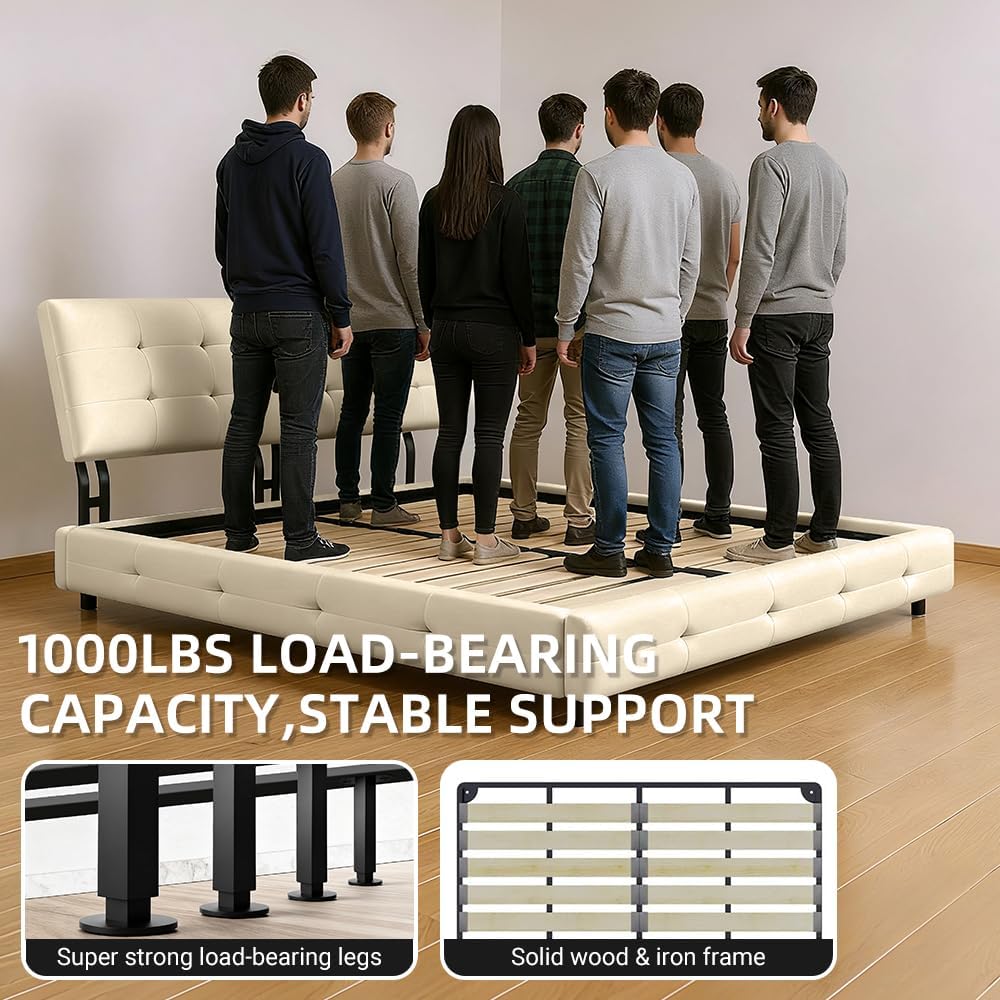 Queen Size Platform Bed Frame, Upholstered Chenille Tufted Headboard, Heavy Duty Metal, Wood Slat Support, Mattress Foundation, No Box Spring Needed, Noise-Free, Easy Assembly, Bedroom, Beige