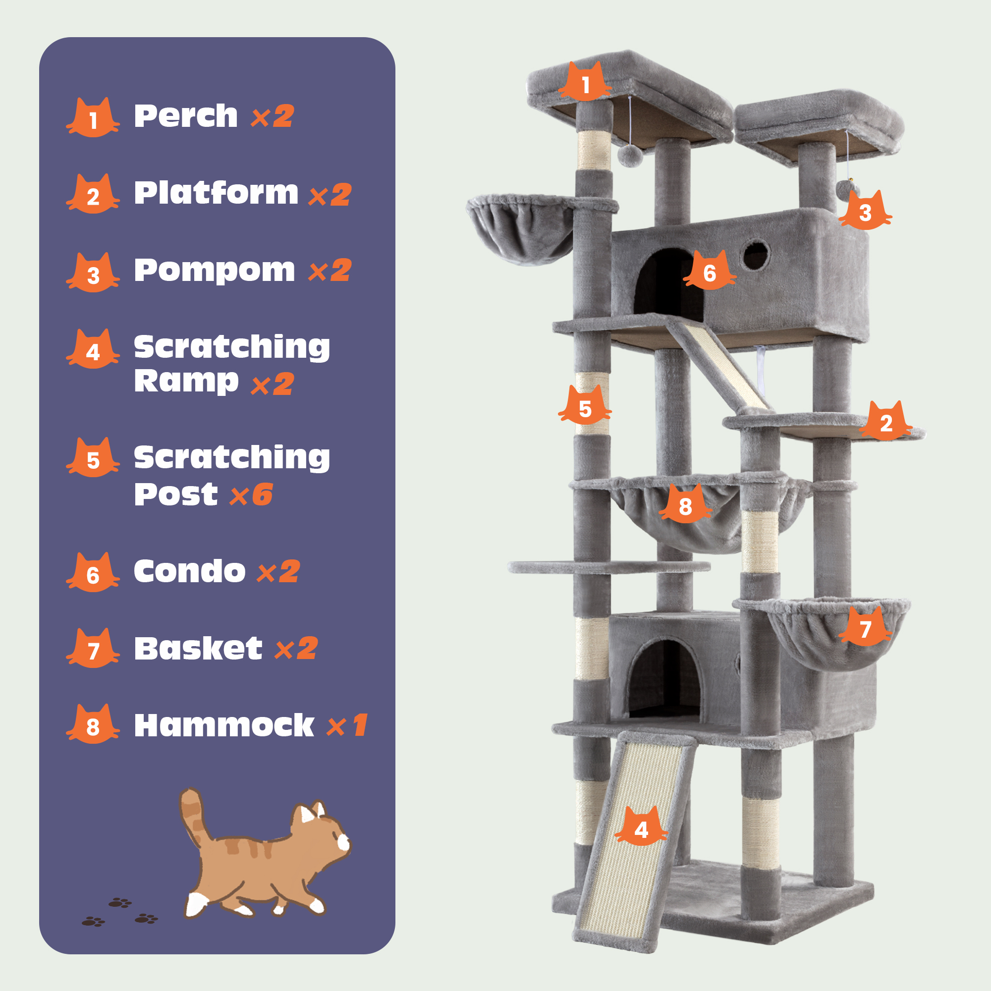 Sifurni 81" Multi-Level Tall Cat Tree Tower for Large Cat with Cat Condo and Hammock, Scratching Post & Scratching Ramp, Grey