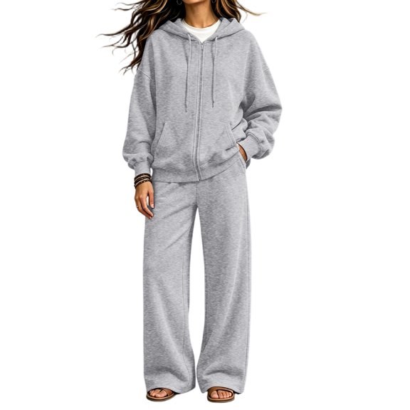 Szluipve Women Full Zip Hoodie 2 Piece Outfits Drawstring Long Sleeve Zip‑Up Hooded Jacket and Elastic Waist Wide Leg Pants Casual Tracksuit Loungewear Set Light Gray XL