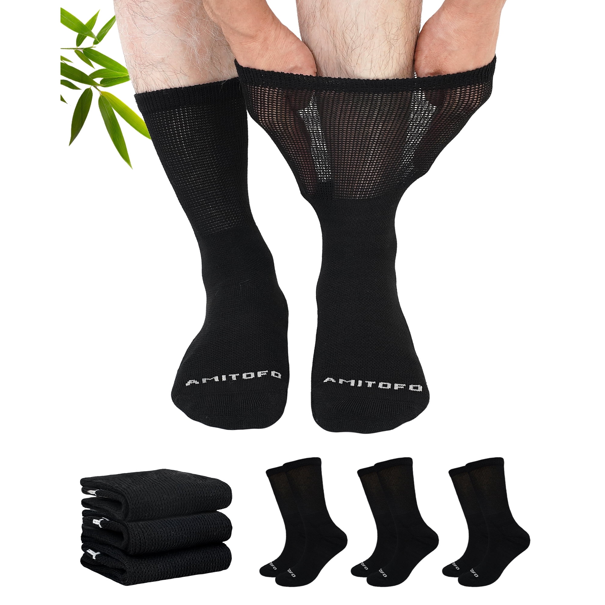 AMITOFO Diabetic Crew Socks for Men & Women —Bamboo Viscose Non-Binding Seamless Socks with Reinforced Heel & Toe , 3 Pairs,Size 11-13, Black