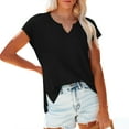 thumbnail image 2 of BLVB Women's Short Sleeve Shirts V Neck Solid Color Summer Basic Tops Loose Casual Side Slit Tunic T-Shirts Tee Blouses, 2 of 7