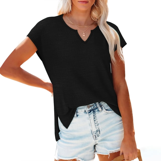 Jsaierl Women's Summer Cap Sleeve Tank Tops Casual Loose Notched V Neck Shirts Solid Color Basic Simple Tees Daily Life Holiday Tops