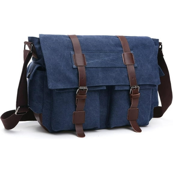 Retro Military Men's Canvas Crossbody Bag, Leather Canvas Laptop Bag, Messenger Bag