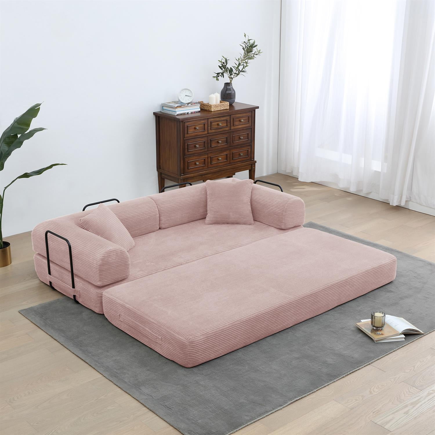 Demi Bonn 77" Convertible Sleeper Sofa Bed, Corduroy Foldable Mattress Couch with Cylindrical Pillow & Fixed Frame for Living Room, Bedroom, Pink