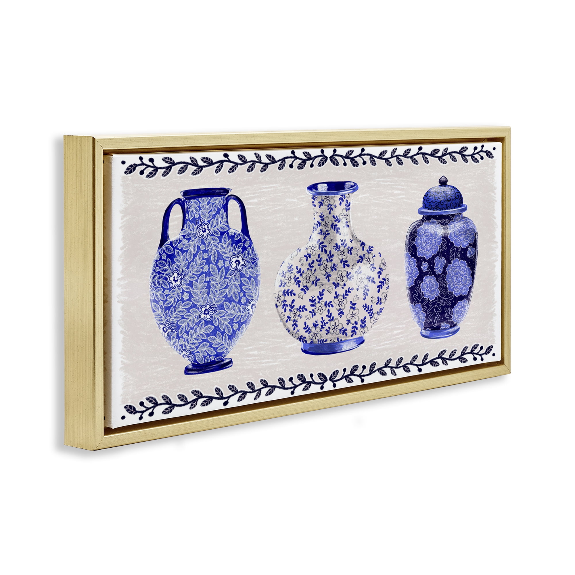 Stupell Industries Traditional Blue Vases Plants & Flowers Painting Gold Floater Framed Canvas Art Print Wall Art, 25 x 11