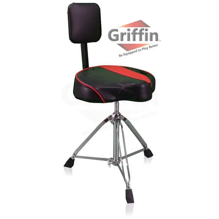 Double Braced Tripod Drum Throne - Saddle Drum Throne with Back Rest Support by Griffin Padded Leather Drummer Seat Motorcycle Style Chair Swivel Adjustable Height Drum Chair for Adults Percussion Stool with Double Braced Hardware