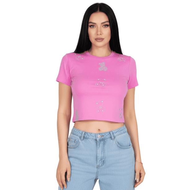 Blusa Crop Top Con Estampado De Ositos Y Detalles Brillantes