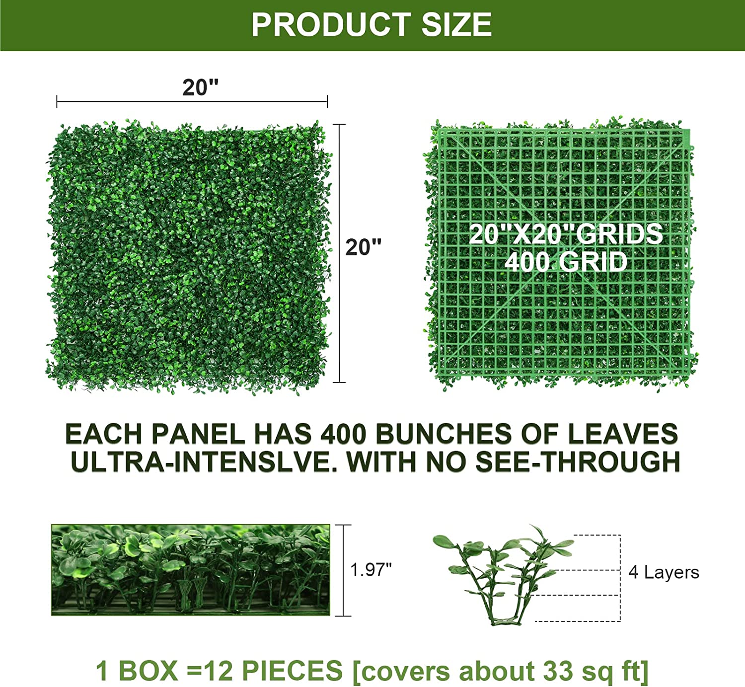 Oumilen 4-Layer Grass Wall Panels, 20"x 20"(10pcs) Artificial Green Wall Panel Backdrop Plastic Greenery Wall with 100 Zip Ties
