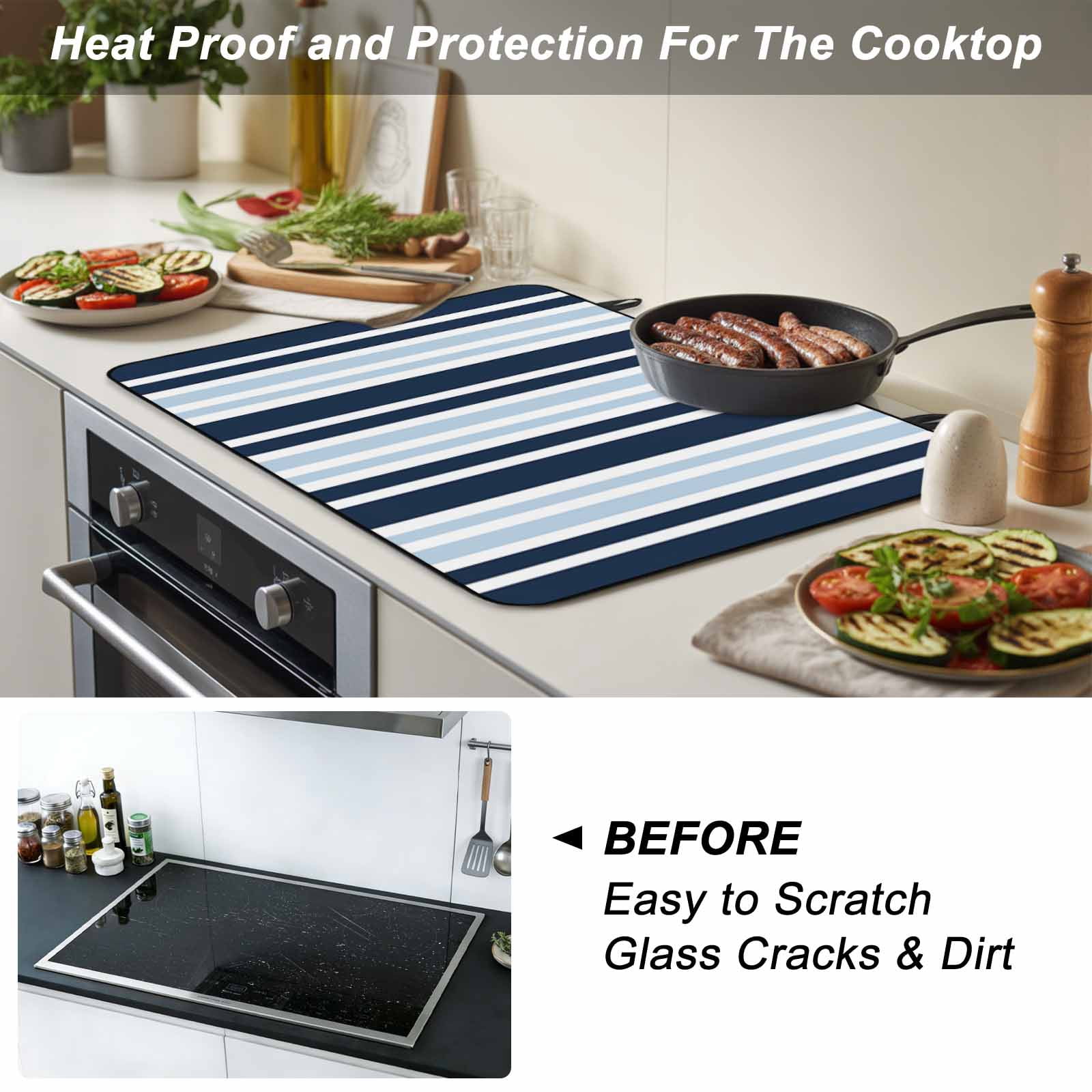 Navy Blue Stove Top Cover for Electric Stove, Heat-proof & Non Slip Glass Top Stove Cover Protector, Modern White Geometric Vertical Stripes Kitchen Flat Cooktop Rubber Mat 24x21 Inches