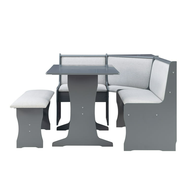 Linon Stella Corner Dining Breakfast Nook with Storage, Table and Bench,  Seats 5, White Finish with Beige Fabric 