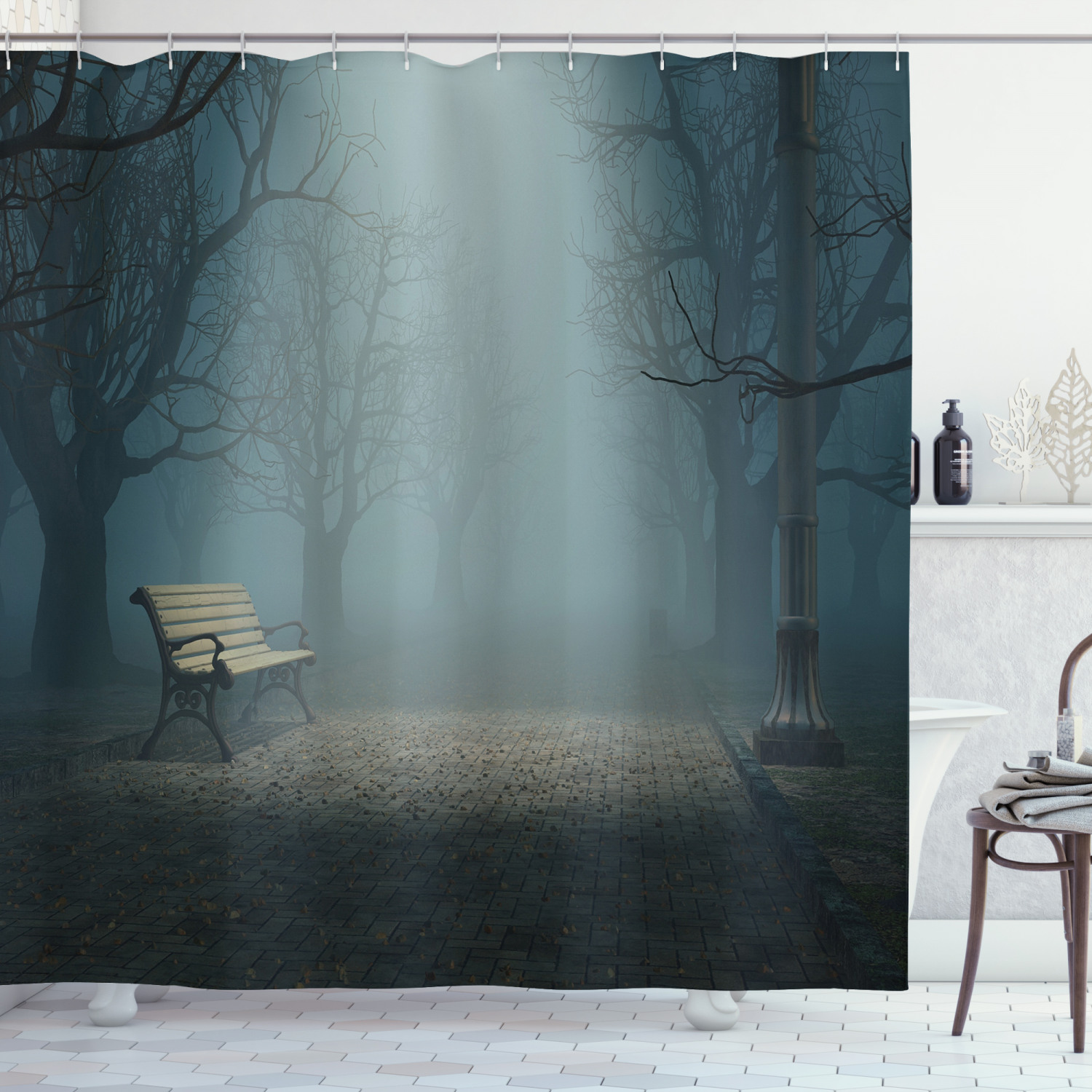 Forest Shower Curtain, Bench in the Park on Dark Mysterious Night Scary