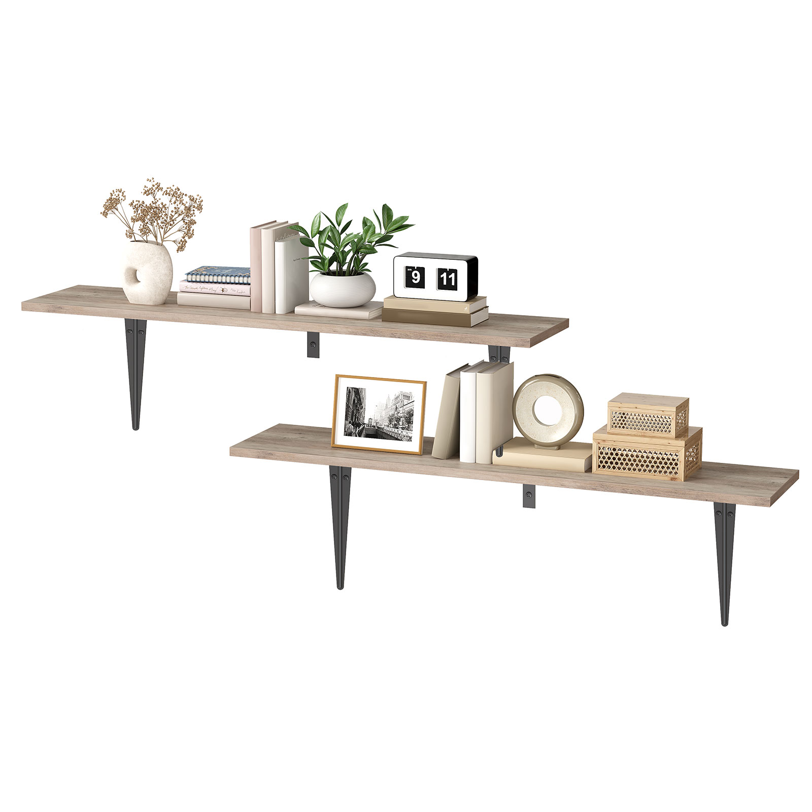 HOOBRO Set of 2 39.4-Inch Floating Wall Shelves with Metal Brackets, Greige and Black