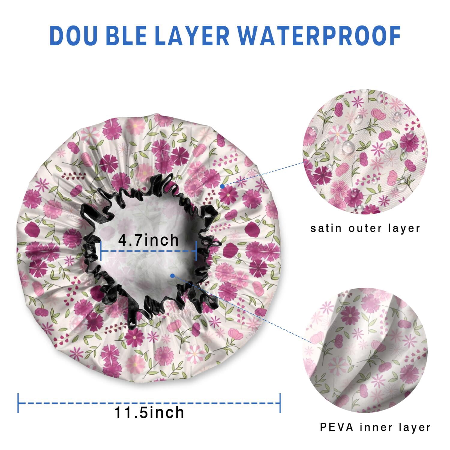Shower Caps,Pink Pioneer Flower Pattern Waterproof Shower Cap for Women 4 Pieces,Double Reusable Hair Cover for Shower PEVA Elastic Stretch Hem