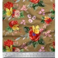 thumbnail image 1 of Soimoi Brown Japan Crepe Satin Fabric Leaves,Insect & Poppy Watercolor Fabric Prints by Yard 42 Inch Wide, 1 of 1