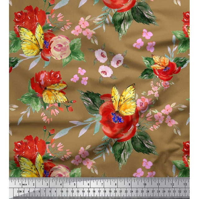 Soimoi Brown Cotton Poplin Fabric Leaves,Insect & Poppy Watercolor Decor Fabric Printed BTY 42 Inch Wide