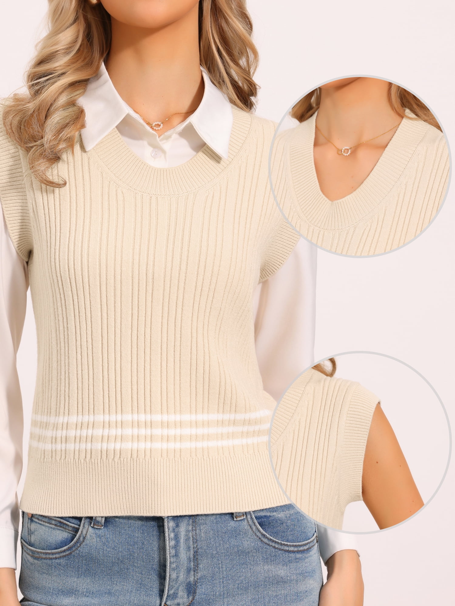 DARING DIVA Women's Sleeveless Crew Neck Casual Knitted Sweater Top XS Beige