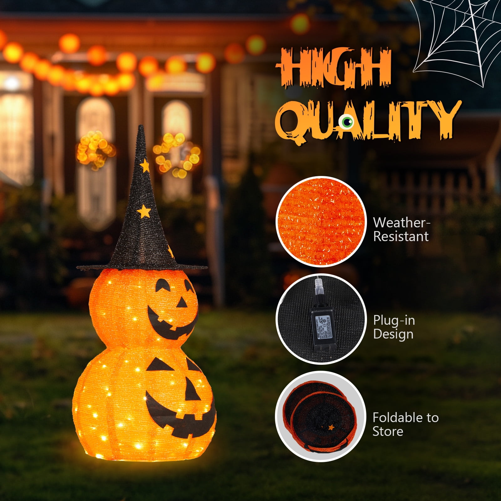 2Pcs 3ft Halloween Collapsible Pumpkin Decorations 150 LED Lights