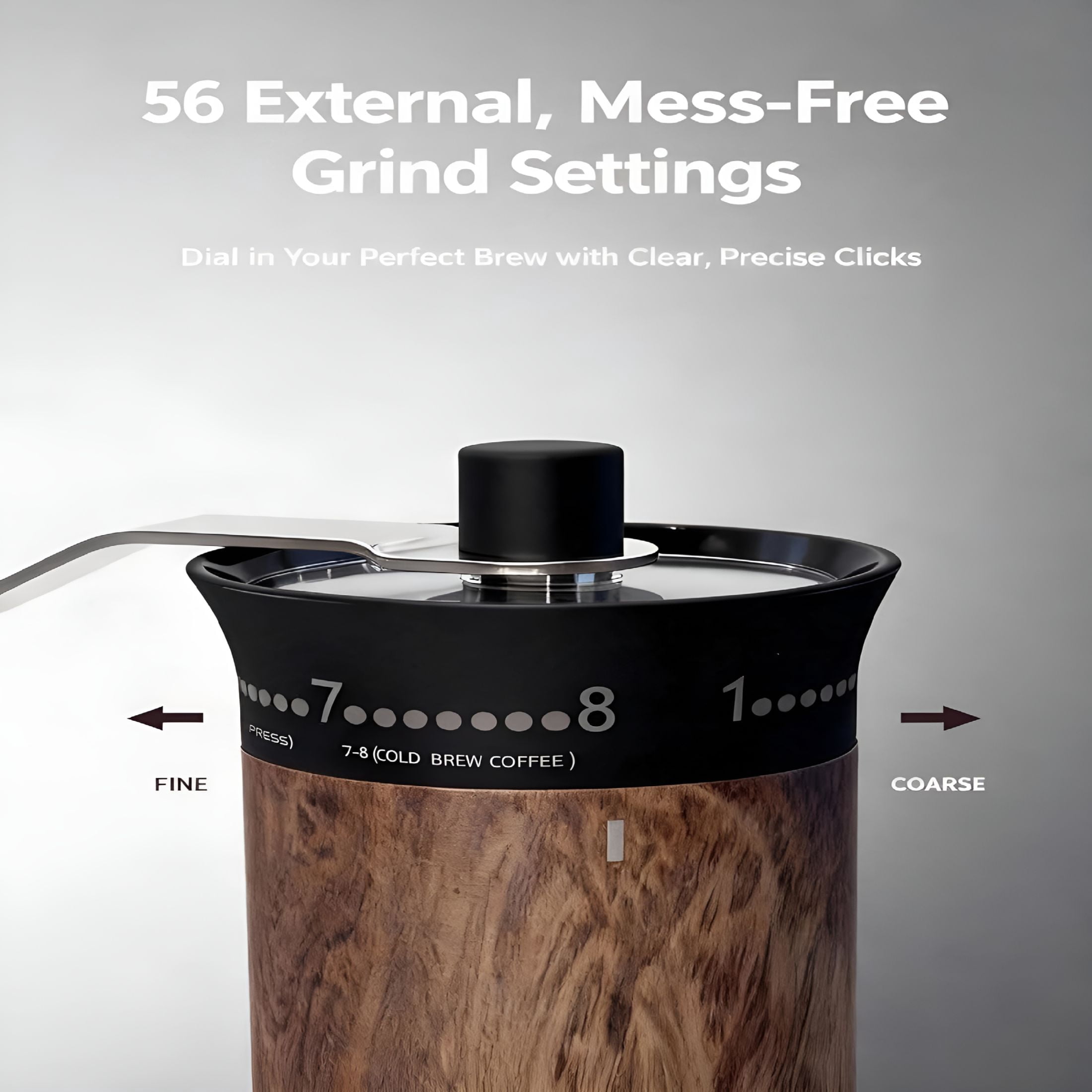 CURYMAY 2026 New Mini Manual Coffee Grinder - 56 External Grind Settings,Stainless Steel Body & Crank,Ceramic Burr,Portable Hand Grinder for Travel,Camping,Home Brewing - Wood Grain