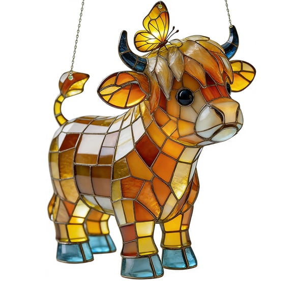 Coollooc Highland Cow Butterfly Suncatcher, Stained Glass Style Window Hanging, Art Acrylic Suncatcher Stained Glass Effect Window Car Hanging Ornament for Farmhouse Decor, Gift for Cow Lovers(C)