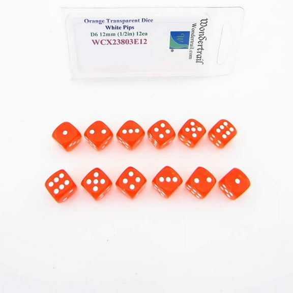 Orange Translucent Dice with White Pips D6 12mm (1/2in) Pack of 12 Wondertrail