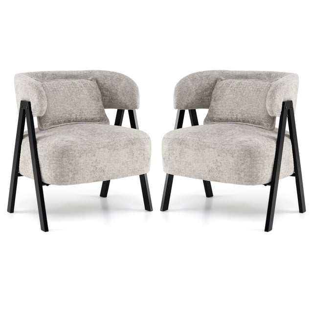 Costway 2 PCS Faux Rabbit Fur Upholstered Armchair w/Lumbar Pillow & Metal Legs Gray