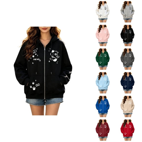 Cute Cat Anime Hoodie for Women Long Sleeve Kawaii Hoodies Casual Zip Up Hooded Sweatshirt Jacket with Pockets