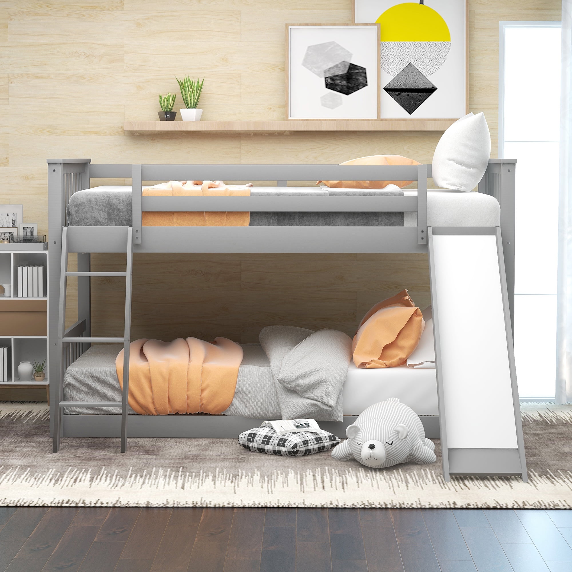 Euroco Twin over Twin Floor Bunk Bed with Slide and Ladder, Interchangeable Ladder and Slide for Kids Teens Adults, Gray