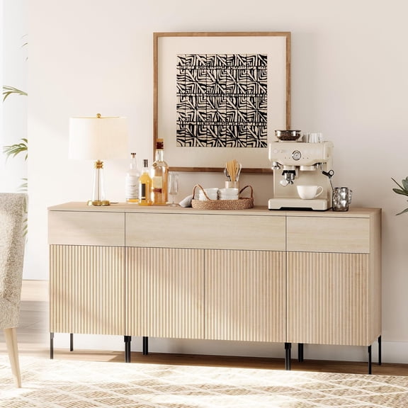 WAMPAT 63" Buffet Sideboard Cabinet with Storage, 2-in-1 Wooden Credenza with Charging Station, 3 Drawers & 4 Doors, Modern Media Console Coffee Bar Cabinet for Kitchen & Living Room