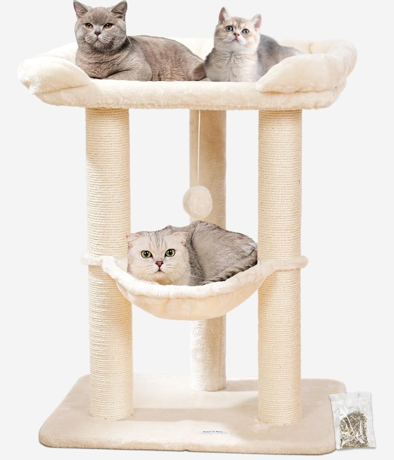 28" Cat Tree, Cat Tree Tower with 23.6x15.7 Inch Spacious Bed & Cozy Hammock, Small Cat Tree with Perch For Adult Cats, Sturdy Scratching Post & Toys, Compact Cat Tower-Gray